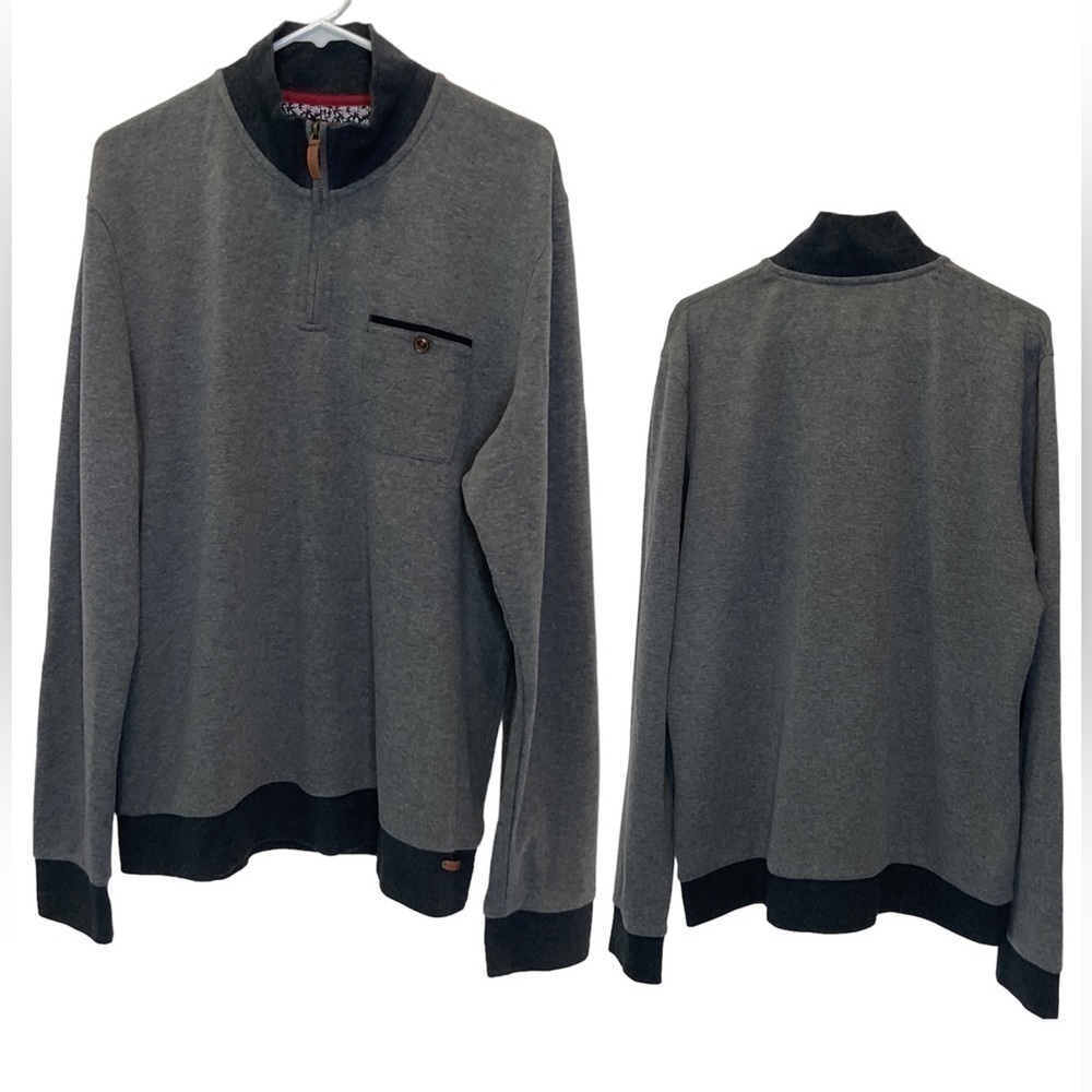 Ted Baker London 1/4 Zip Pullover Sweater Leather Trim Grey Size 7